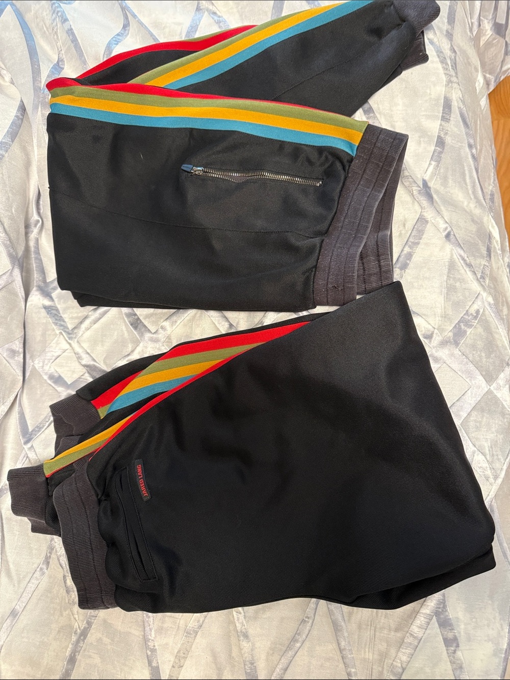 (2) Jared Lang Black Sweatpants with Red, Yellow & Blue Stripes